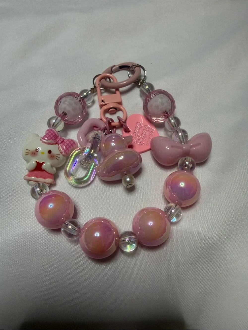 Pink Iridescent Beaded Charm with Cat Charm Keychain